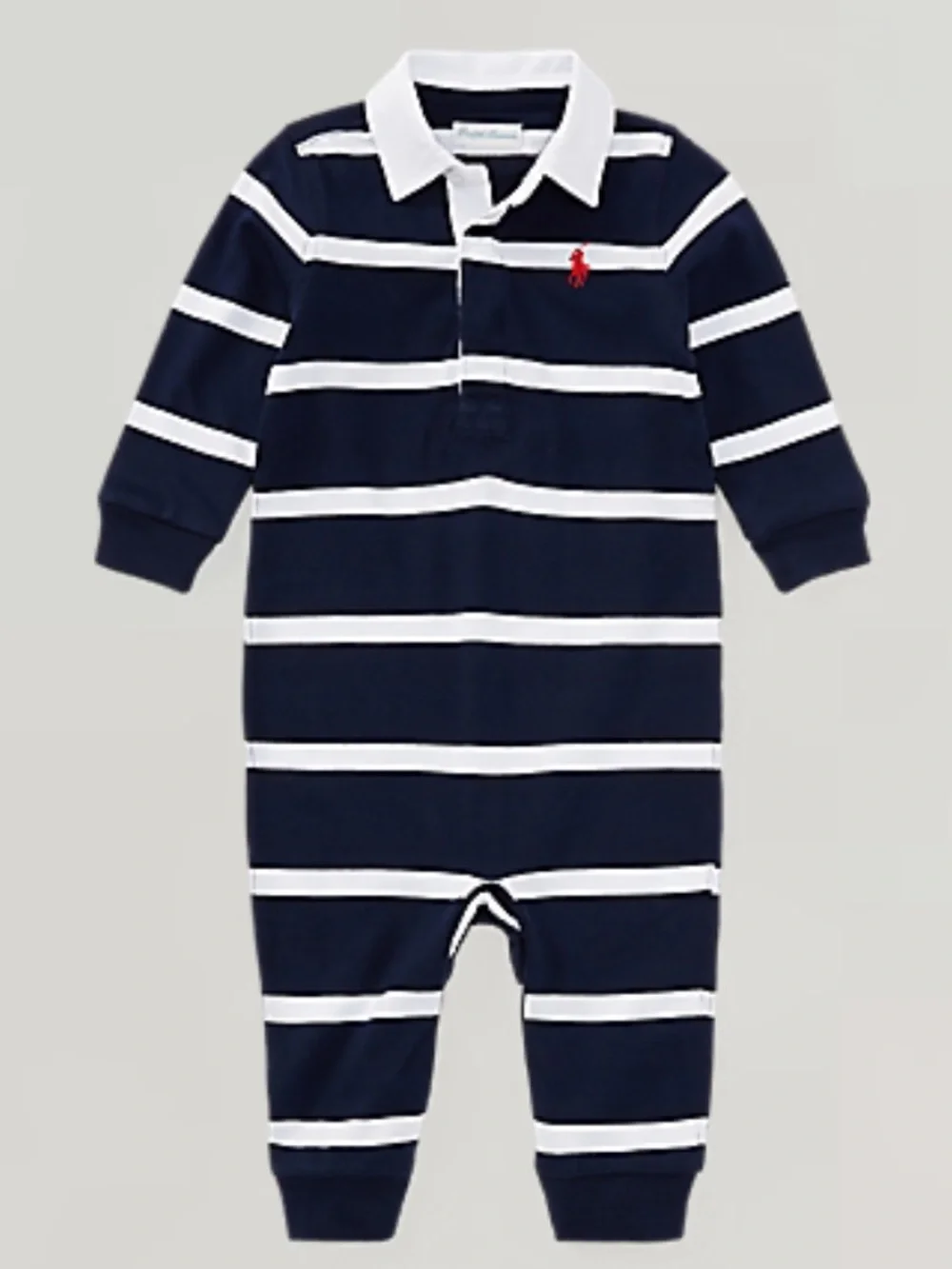 Ralph Lauren Baby Boy Navy White Striped Rugby Romper Coverall 9 Month Pony Logo
